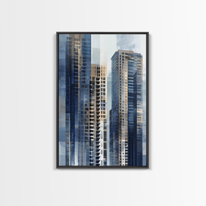 Modern Skyscraper Glass Reflections Framed Canvas Print, Urban Art, Textured Painting, Living Room Decor, Fine Art, Urban, URB-2x3-46