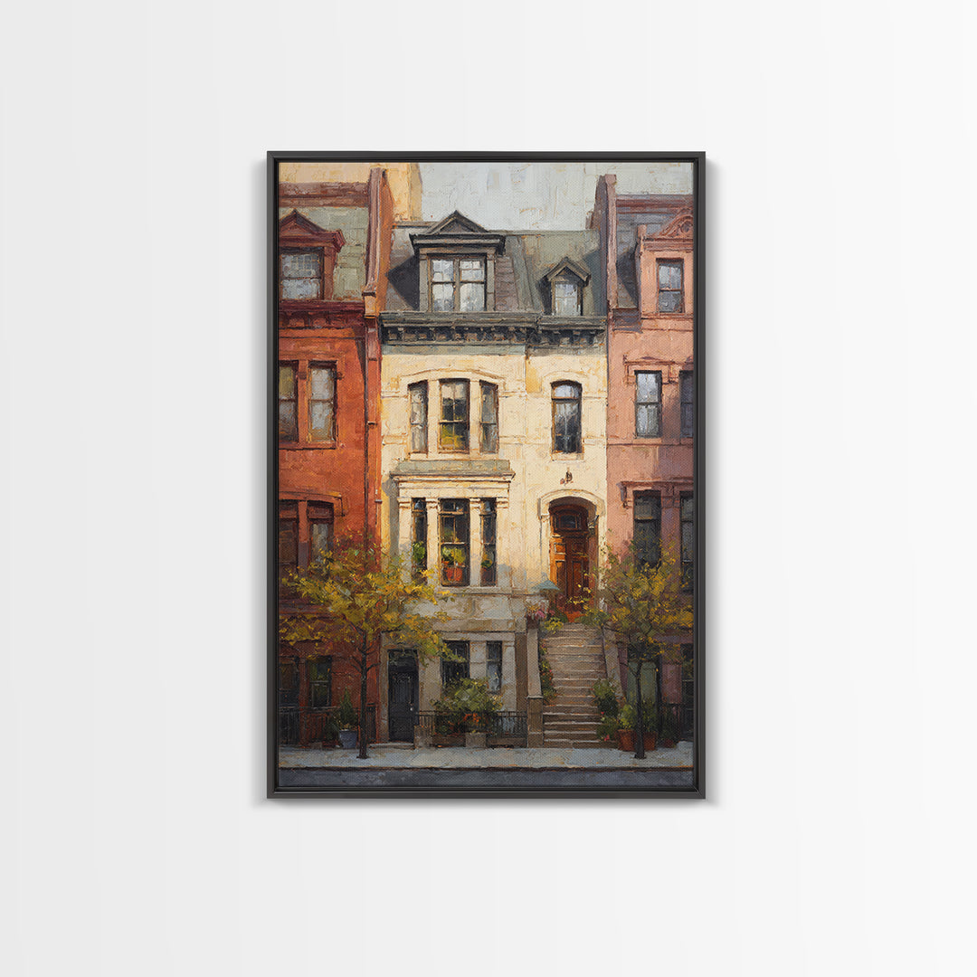 Brownstone Row in Soft Morning Light Framed Canvas Print, Urban Art, Gallery Decor, Living Room Decor, Abstract Art, Urban, URB-2x3-92