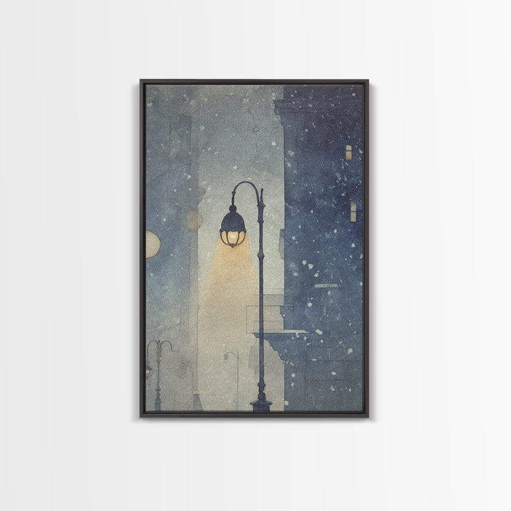 Streetlamp and Falling Snow Framed Canvas Print, Urban Art, Textured Wall Art, Living Room Decor, Urban, Digital Download Art, URB-2x3-93