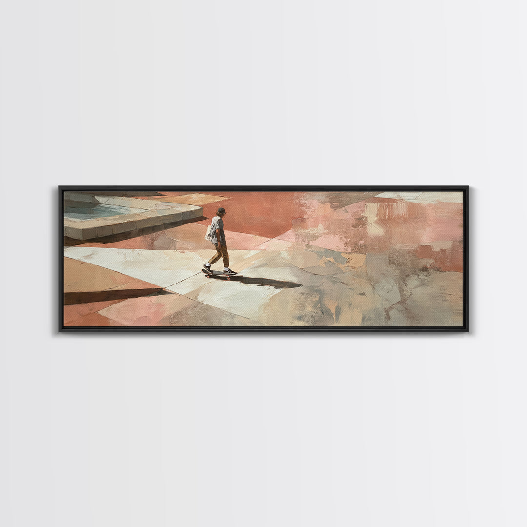 Skateboarder Crossing a Concrete Plaza Framed Canvas Print, Urban Art, Boho Decor, Living Room Decor, Fine Art, Urban, URB-3x1-23