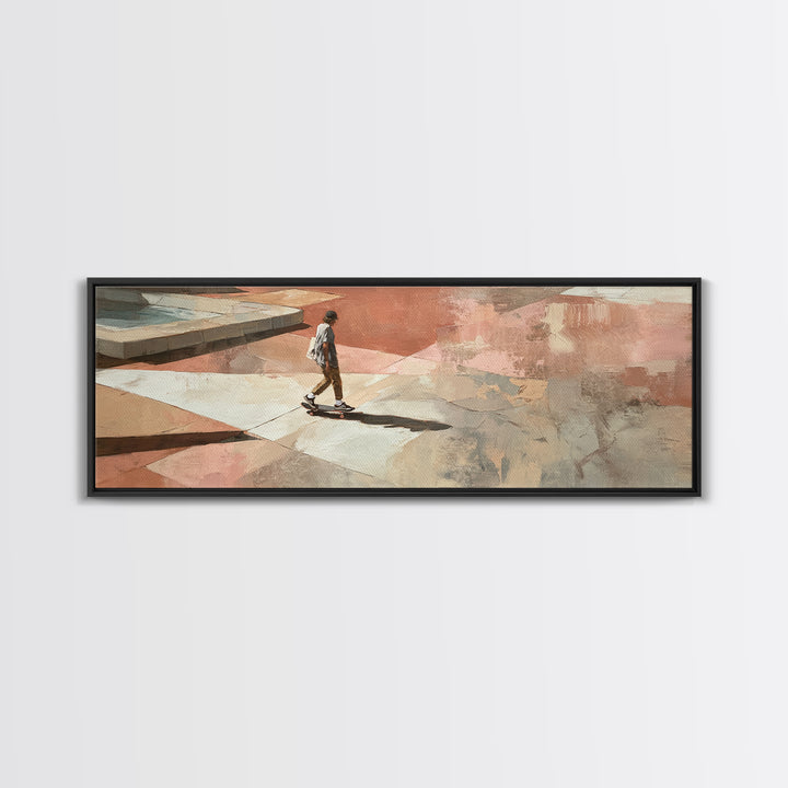 Skateboarder Crossing a Concrete Plaza Framed Canvas Print, Urban Art, Boho Decor, Living Room Decor, Fine Art, Urban, URB-3x1-23