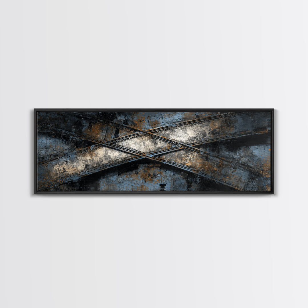 Industrial Rail Tracks Leading into City Canvas Print, Urban Art, Art Deco, Living Room Decor, Urban, Book Shelf Decor, URB-3x1-38