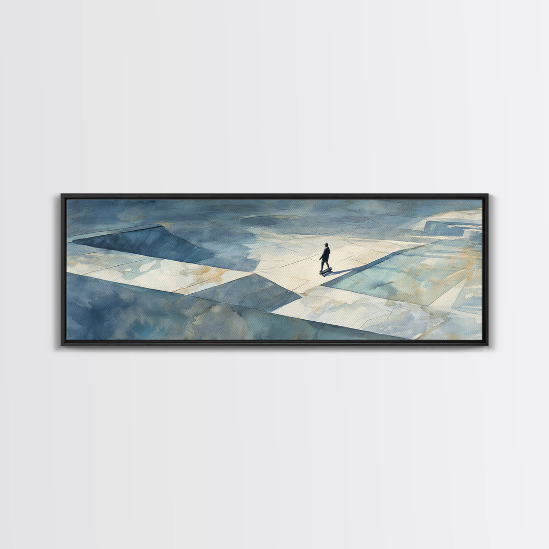 Skateboarder Crossing a Concrete Plaza Canvas Print, Urban Art, Original Art, Living Room Decor, Urban, Black Woman Art, URB-3x1-71