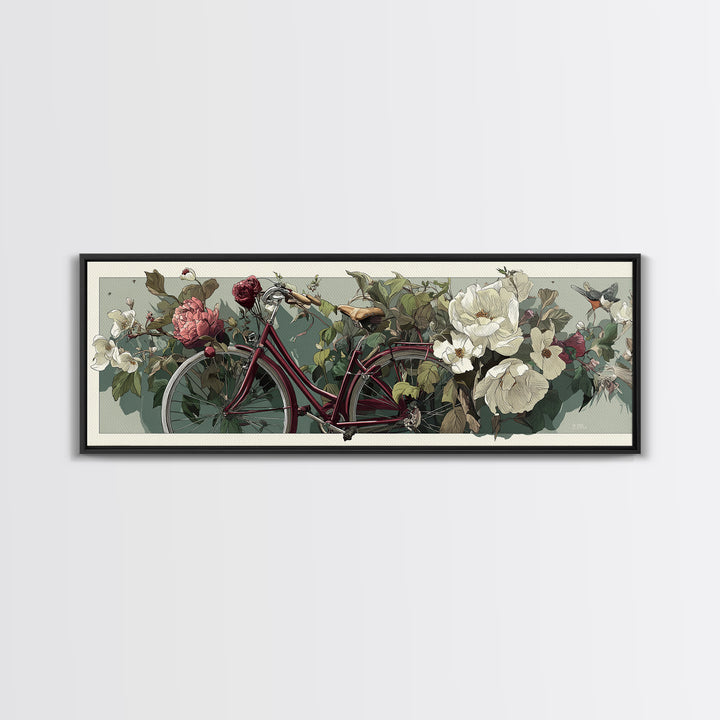 Bicycle Locked to Post Framed Canvas Print, Urban Art, Textured Wall Art, Living Room Decor, Watercolor Art, Urban, URB-3x1-79
