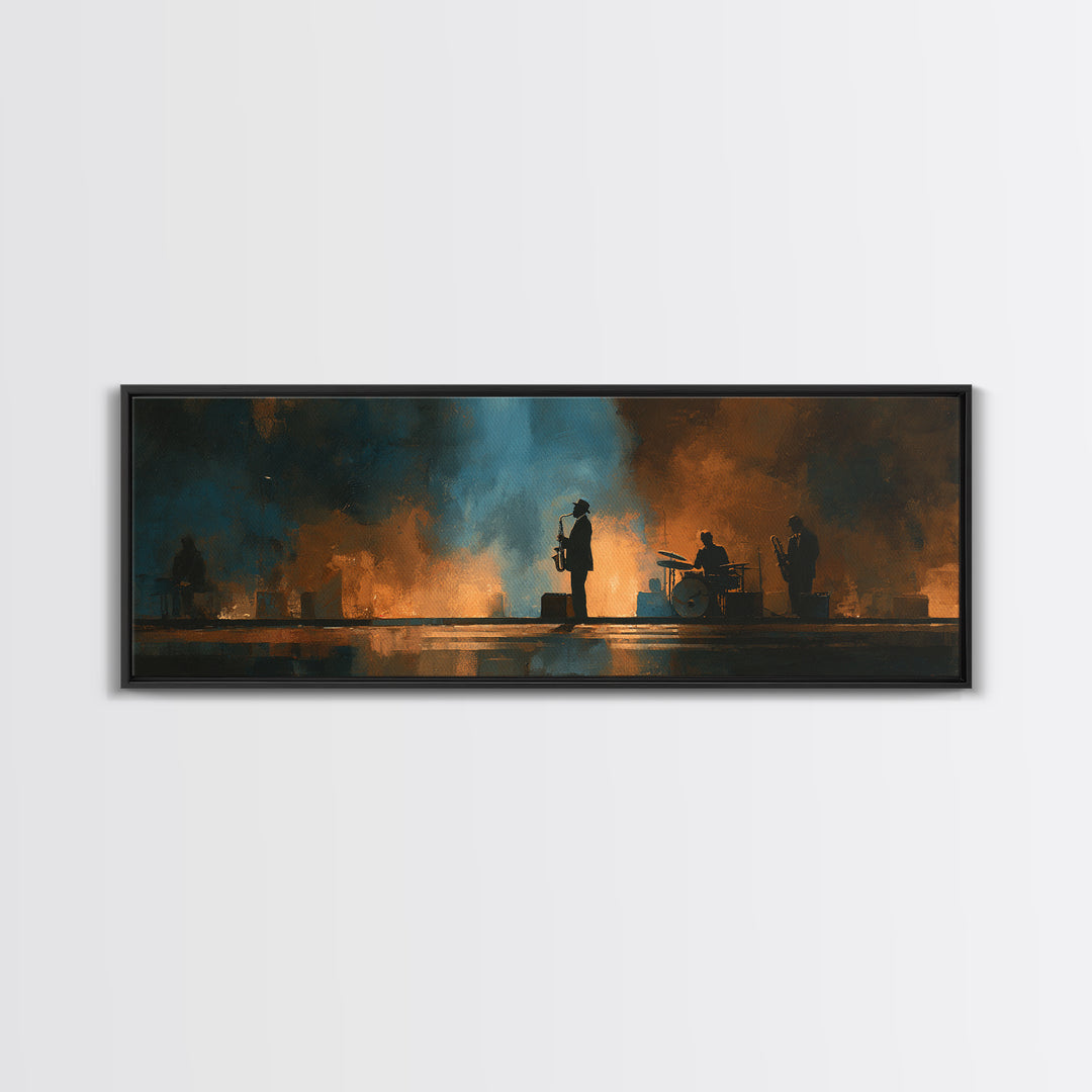 Urban Jazz Musician Silhouette Canvas Print, Urban Art, Poster, Living Room Decor, Urban, Modern Wall Art, Black Wall Art, URB-3x1-80
