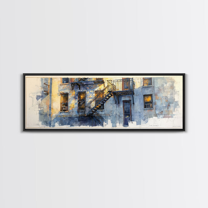 Fire Escape Silhouette Framed Canvas Print, Urban Art, Book Shelf Decor, Living Room Decor, Fine Art, Urban, Modern Decor, URB-3x1-90
