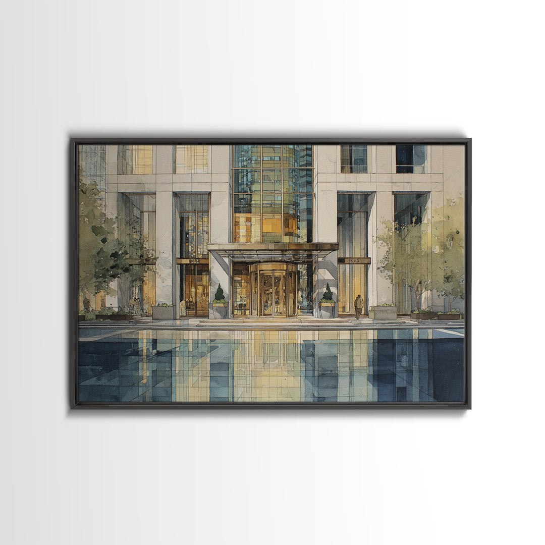 Modern Skyscraper Glass Reflections Framed Canvas Print, Urban Art, Art Deco, Living Room Decor, Urban, Book Shelf Decor, URB-3x2-18