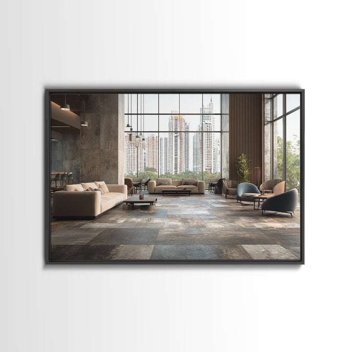 Moody City Skyline Reflected Framed Canvas Print, Urban Art, Black Art Prints, Living Room Decor, Urban, Neutral Decor, URB-3x2-5