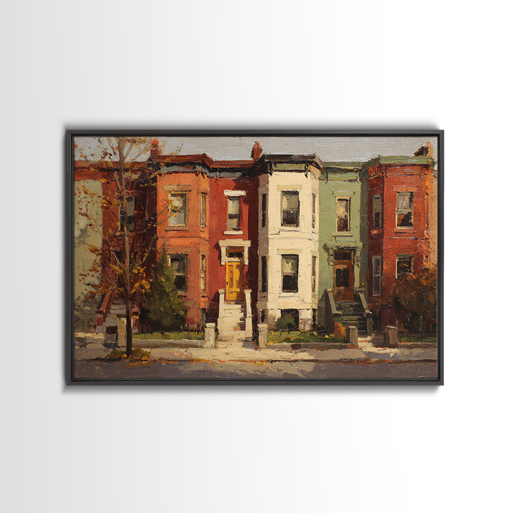 Brownstone Row in Soft Morning Light Framed Canvas Print, Urban Art, Gallery Decor, Living Room Decor, Abstract Art, Urban, URB-3x2-64