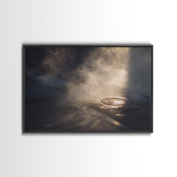 Open Manhole Steam Framed Canvas Print, Urban Art, Digital Download Art, Living Room Decor, Fine Art, Urban, Boho Decor, URB-3x2-69