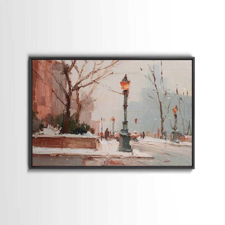 Streetlamp and Falling Snow Canvas Print, Urban Art, Basketball Wall Art, Living Room Decor, Oil Painting, Urban, URB-3x2-89