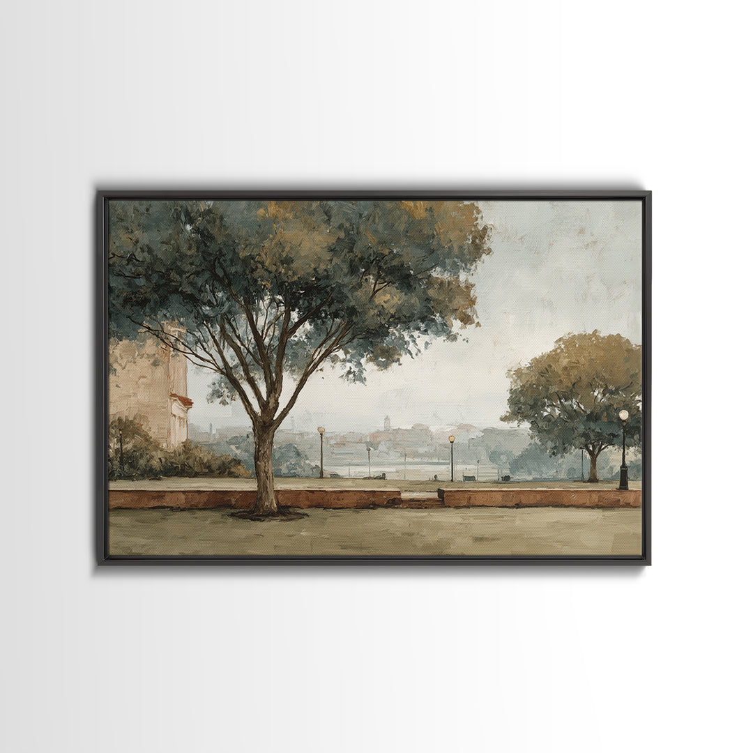 City Park Tree Framed by Buildings Canvas Print, Urban Art, Book Shelf Decor, Living Room Decor, Abstract Art, Urban, URB-3x2-94