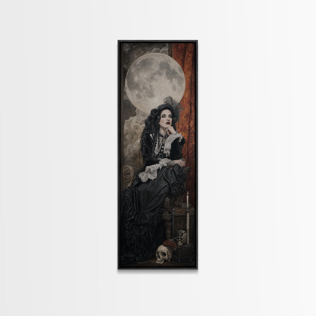 The Moonlit Witch, Dark Academia Wall Art, Tall Narrow Wall Art, Canvas Print, Gothic Wall Decor, Halloween Portrait Art