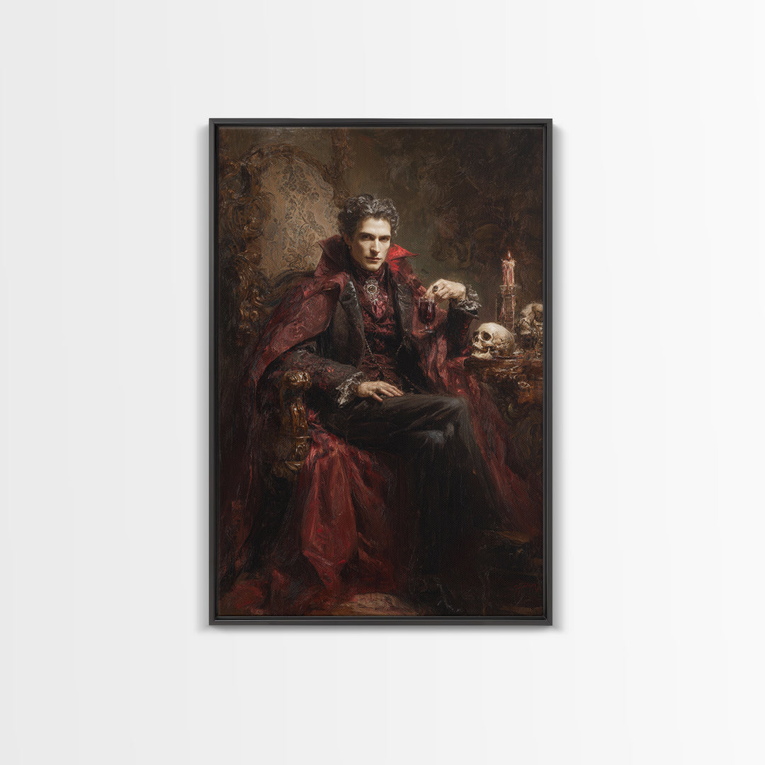 The Crimson Vampire, Victorian Horror Portrait, Vertical Wall Art, Framed Canvas Print, Gothic Wall Decor, Halloween Portrait Art