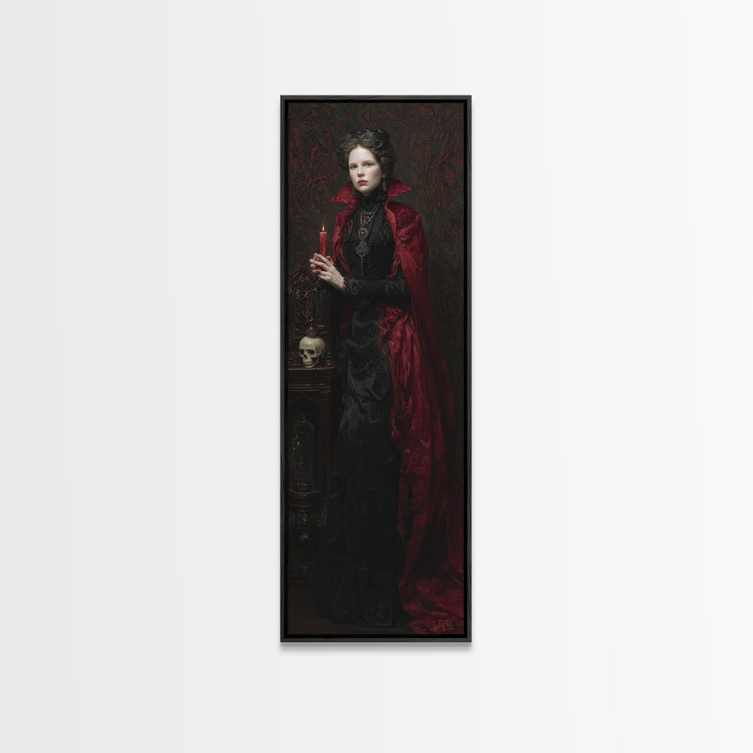 The Crimson Vampire, Antique Gothic Portrait, Tall Narrow Wall Art, Canvas Print, Gothic Wall Decor, Halloween Portrait Art