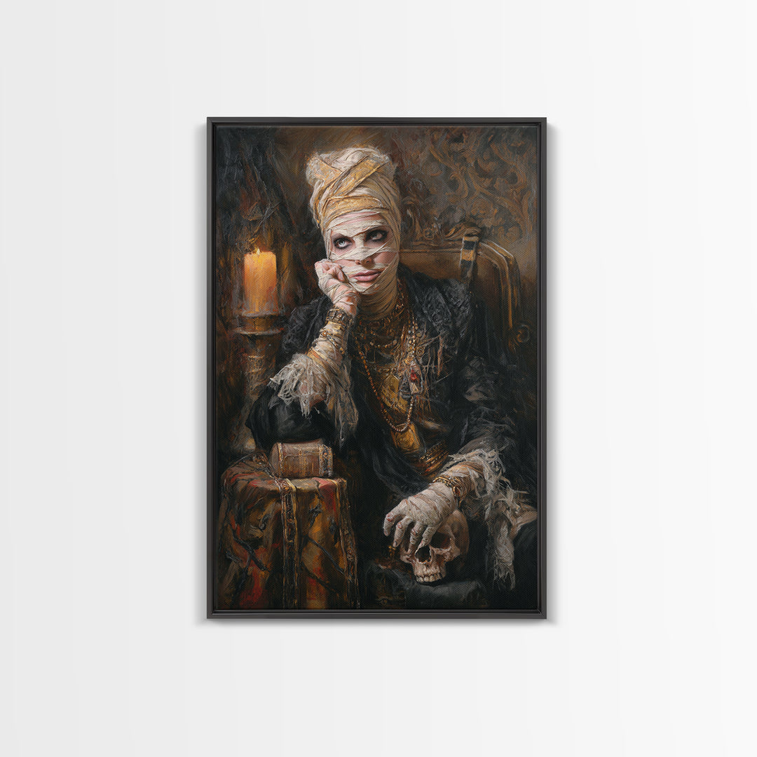 The Mummy Pharaoh, Antique Gothic Portrait, Vertical Wall Art, Framed Canvas Print, Gothic Wall Decor, Halloween Portrait Art