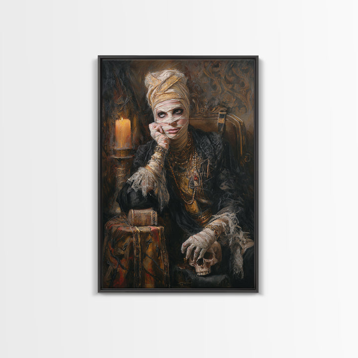 The Mummy Pharaoh, Antique Gothic Portrait, Vertical Wall Art, Framed Canvas Print, Gothic Wall Decor, Halloween Portrait Art