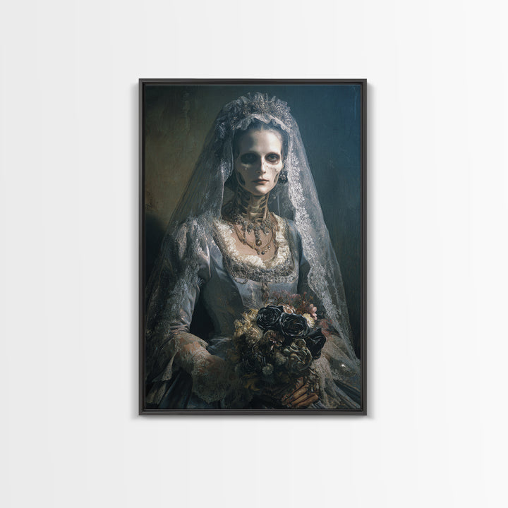 The Skeletal Bride, Dark Academia Wall Art, Vertical Wall Art, Framed Canvas Print, Gothic Wall Decor, Halloween Portrait Art