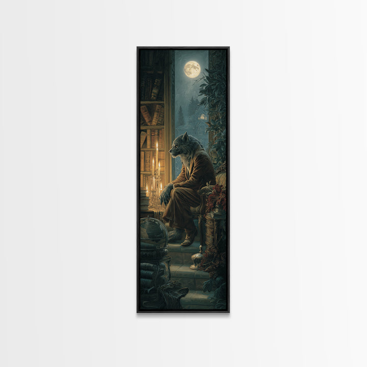 The Moon-Cursed Werewolf, Dark Academia Wall Art, Tall Narrow Wall Art, Framed Canvas Print, Gothic Wall Decor, Halloween Portrait Art