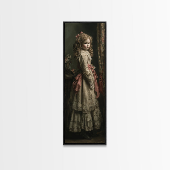 The Haunted Porcelain Doll, Antique Gothic Portrait, Tall Narrow Wall Art, Framed Canvas Print, Gothic Wall Decor, Halloween Portrait Art