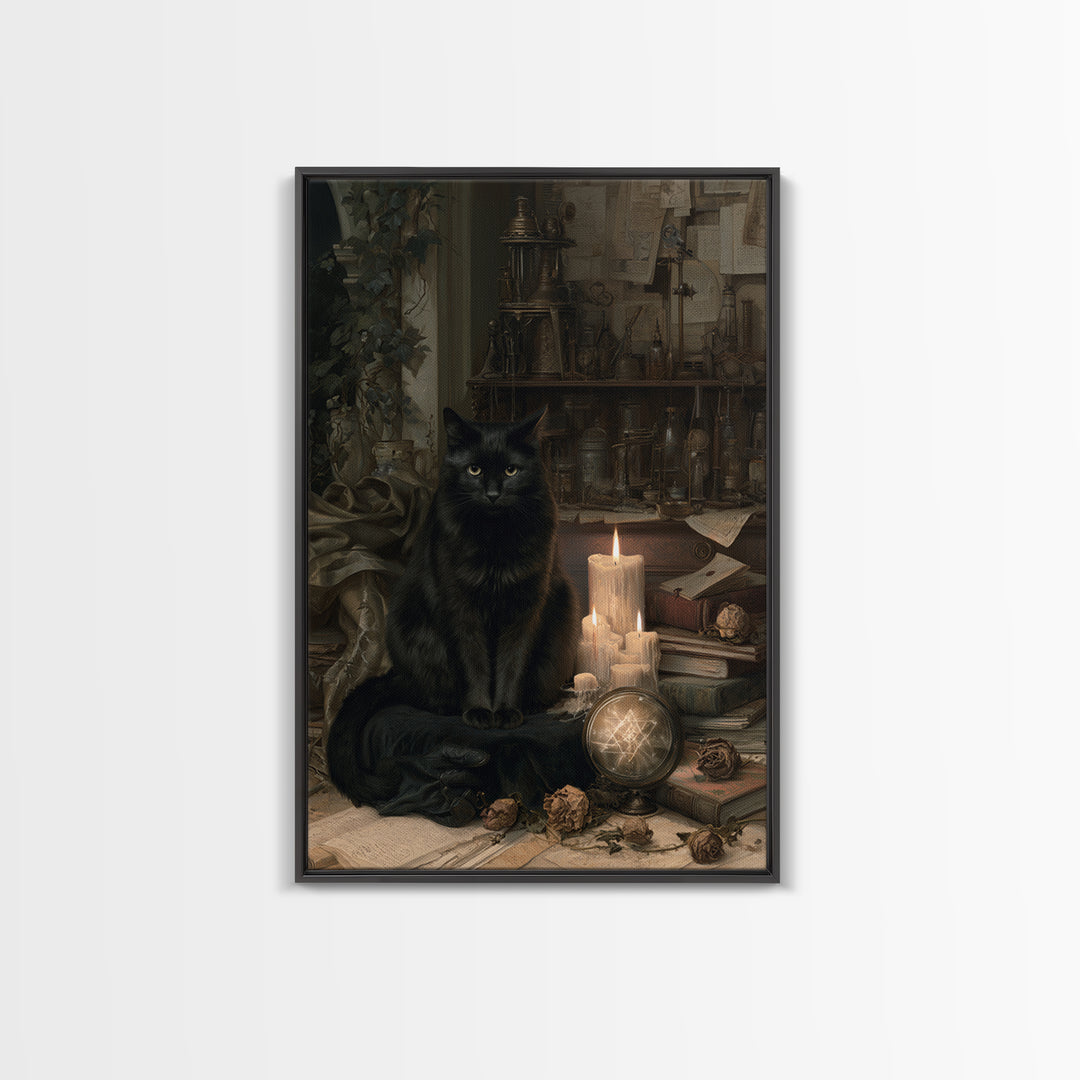 The Black Cat Familiar, Antique Gothic Portrait, Vertical Wall Art, Framed Canvas Print, Gothic Wall Decor, Halloween Portrait Art