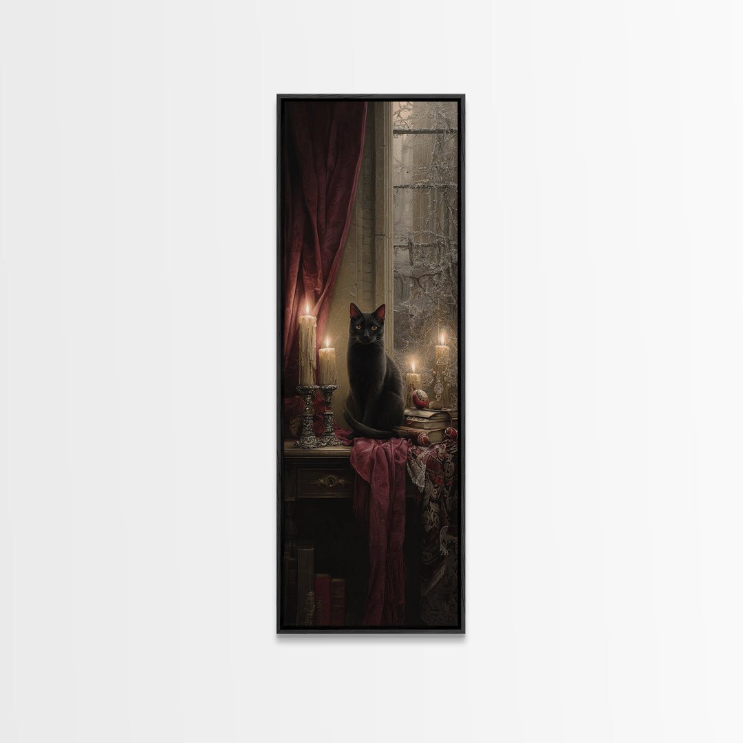 The Black Cat Familiar, Macabre Victorian Decor, Tall Narrow Wall Art, Canvas Print, Gothic Wall Decor, Halloween Portrait Art