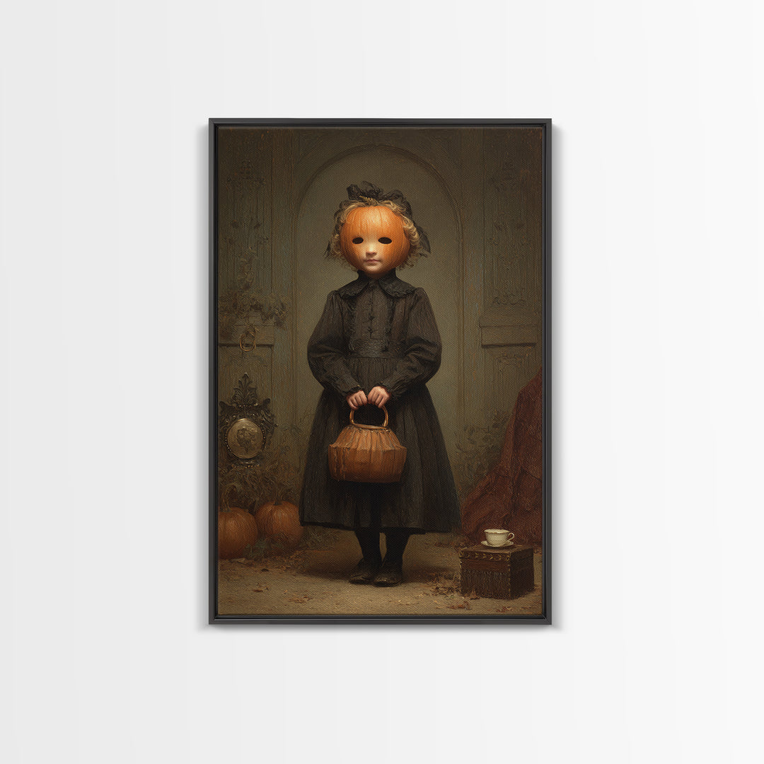 The Pumpkin-Headed Child, Dark Academia Wall Art, Vertical Wall Art, Canvas Print, Gothic Wall Decor, Halloween Portrait Art