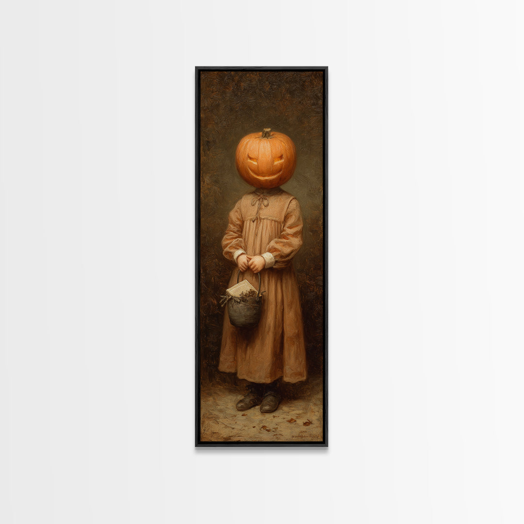 The Pumpkin-Headed Child, Victorian Gothic Art, Tall Narrow Wall Art, Framed Canvas Print, Gothic Wall Decor, Halloween Portrait Art