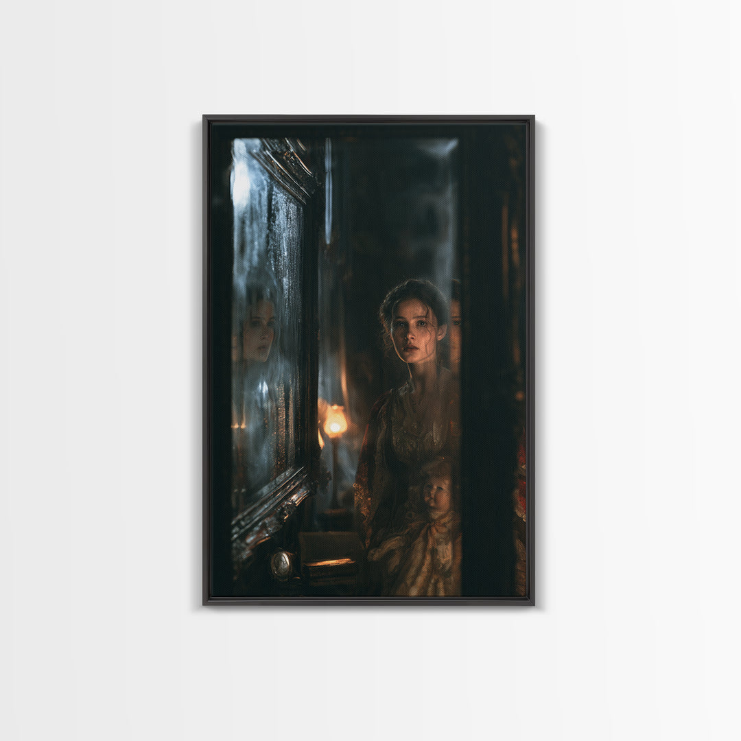 The Mirror Spirit, Dark Academia Wall Art, Vertical Wall Art, Canvas Print, Gothic Wall Decor, Halloween Portrait Art, Halloween Wall Art