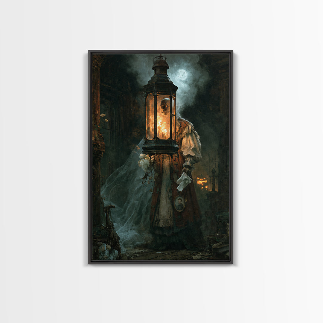 The Lantern Specter, Victorian Horror Portrait, Vertical Wall Art, Canvas Print, Gothic Wall Decor, Halloween Portrait Art, Dark Fantasy Art