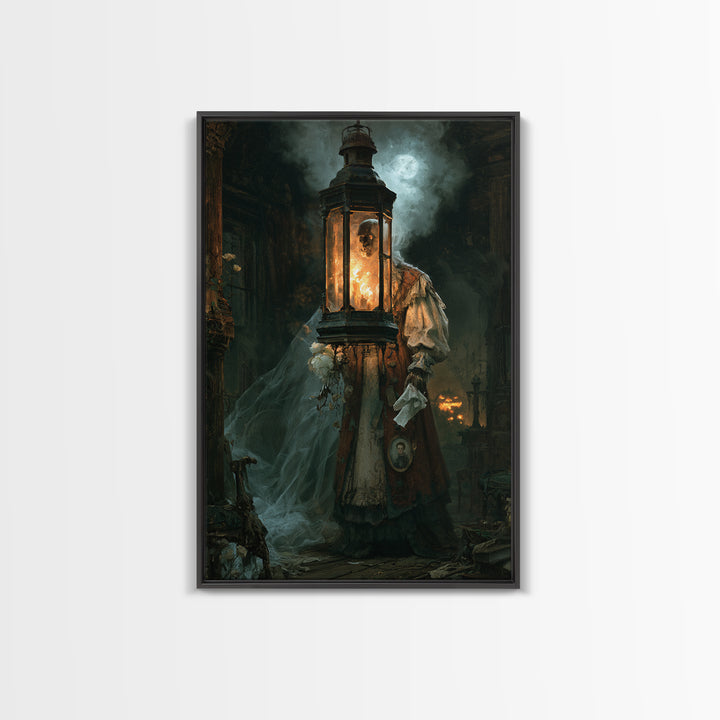 The Lantern Specter, Victorian Horror Portrait, Vertical Wall Art, Canvas Print, Gothic Wall Decor, Halloween Portrait Art, Dark Fantasy Art