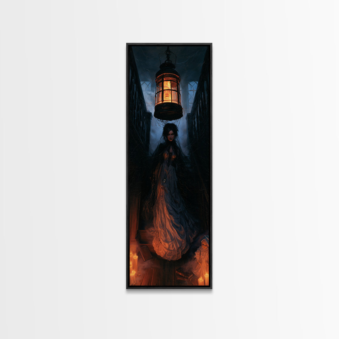 The Lantern Specter, Dark Academia Wall Art, Tall Narrow Wall Art, Framed Canvas Print, Gothic Wall Decor, Halloween Portrait Art