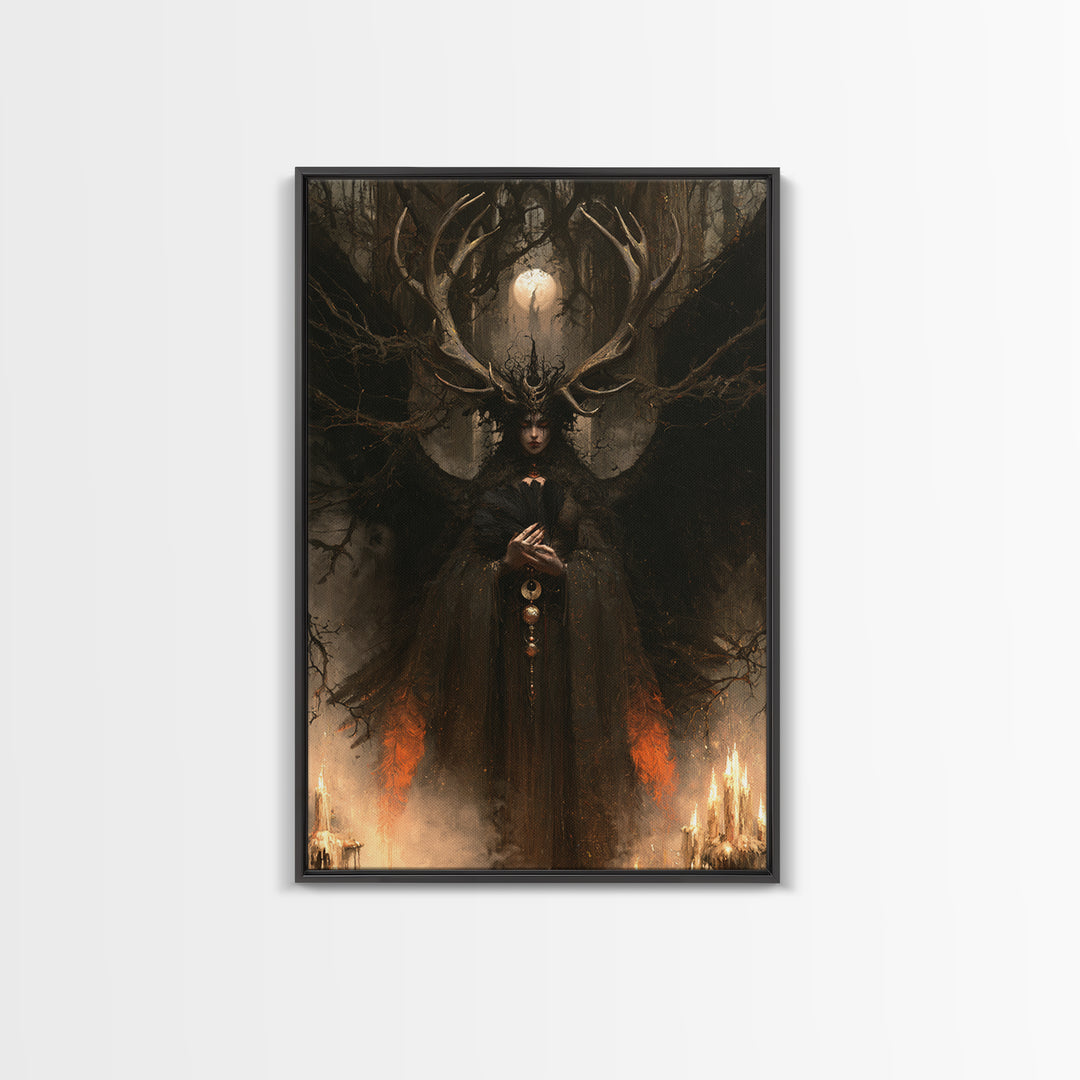 The Antlered Forest Spirit, Macabre Victorian Decor, Vertical Wall Art, Framed Canvas Print, Gothic Wall Decor, Halloween Portrait Art