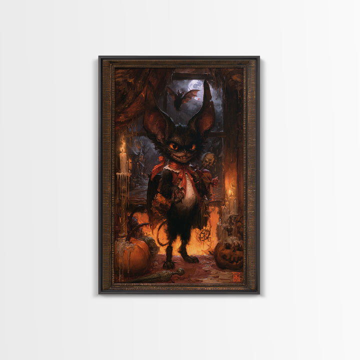 The Bat-Winged Imp, Dark Academia Wall Art, Vertical Wall Art, Framed Canvas Print, Gothic Wall Decor, Halloween Portrait Art