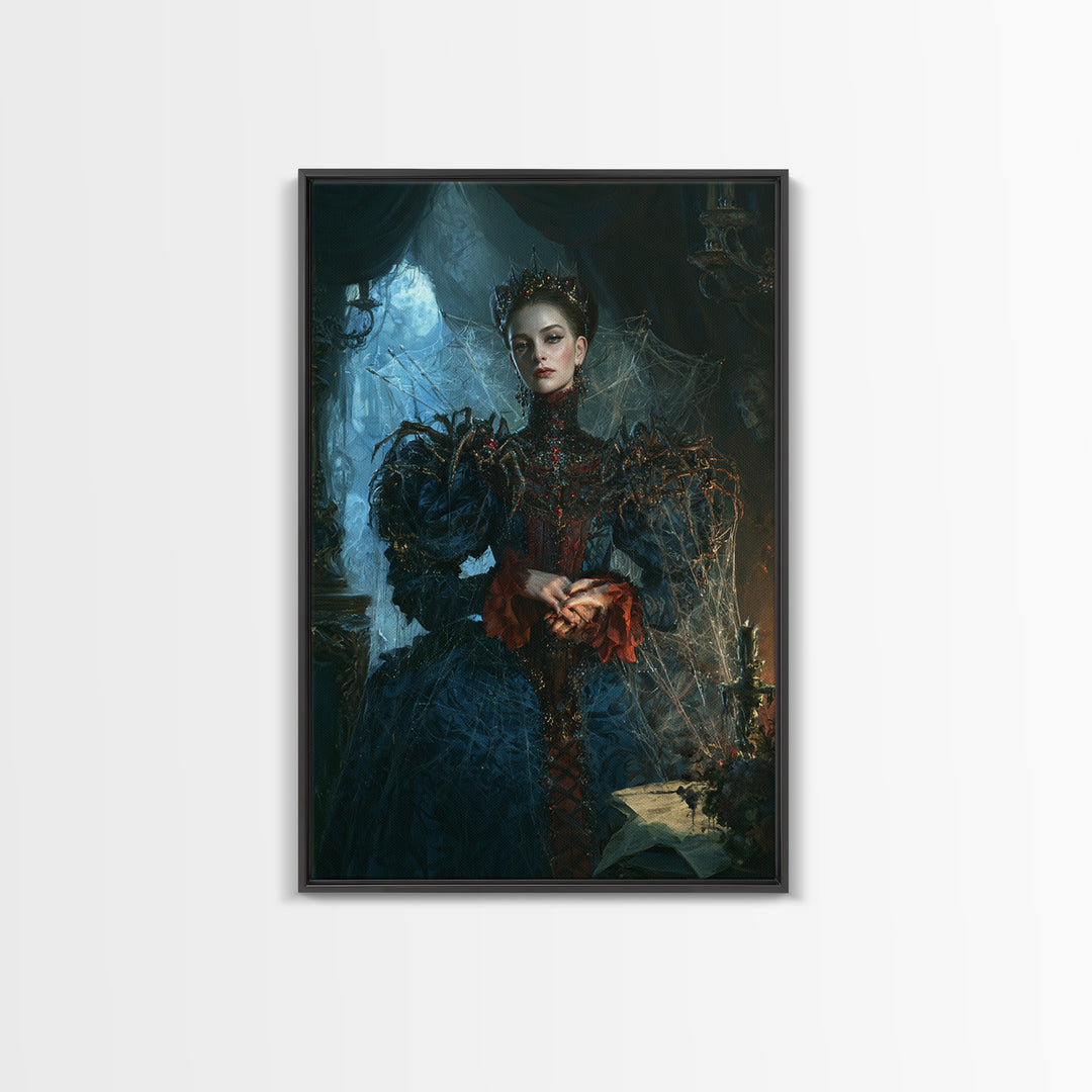 The Spider Queen, Antique Gothic Portrait, Vertical Wall Art, Framed Canvas Print, Gothic Wall Decor, Halloween Portrait Art
