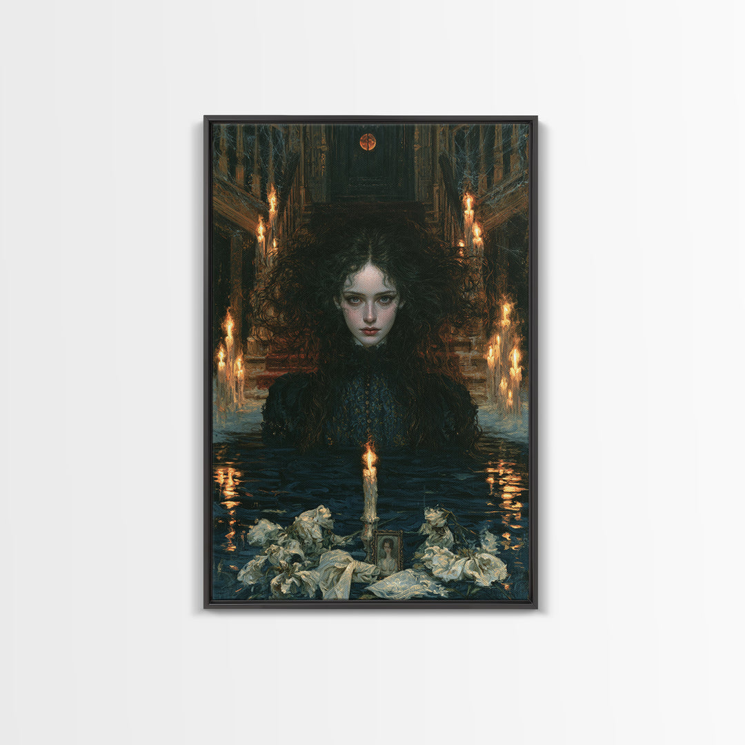 The Lake Phantom, Antique Gothic Portrait, Vertical Wall Art, Framed Canvas Print, Gothic Wall Decor, Halloween Portrait Art