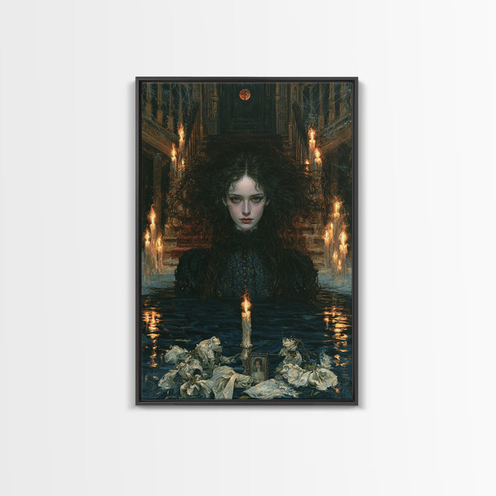 The Lake Phantom, Antique Gothic Portrait, Vertical Wall Art, Framed Canvas Print, Gothic Wall Decor, Halloween Portrait Art