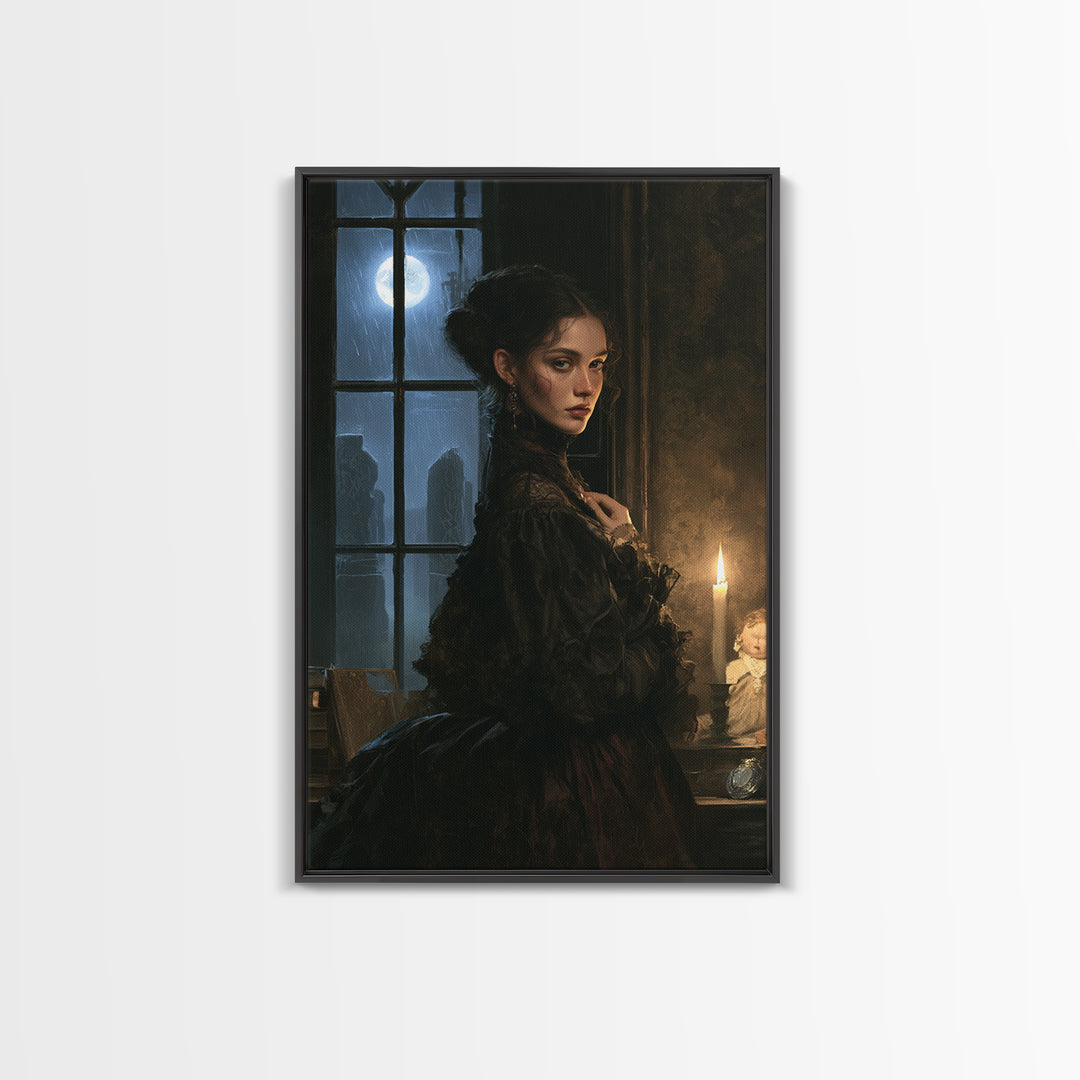 The Stone-Circle Spirit, Antique Gothic Portrait, Vertical Wall Art, Framed Canvas Print, Gothic Wall Decor, Halloween Portrait Art