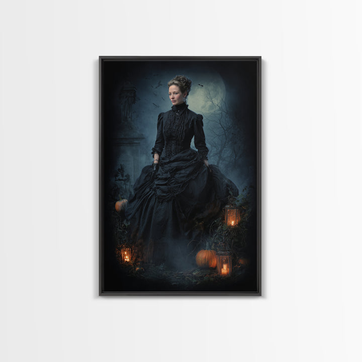 The Moonlit Cemetery, Victorian Gothic Art, Vertical Wall Art, Framed Canvas Print, Gothic Wall Decor, Halloween Portrait Art