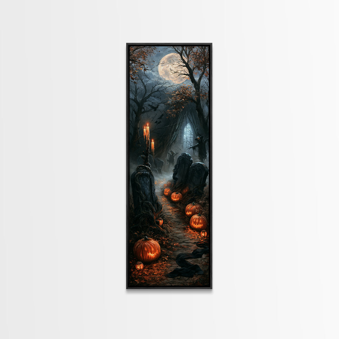 The Moonlit Cemetery, Victorian Gothic Art, Tall Narrow Wall Art, Canvas Print, Gothic Wall Decor, Halloween Portrait Art, Gothic Home Decor