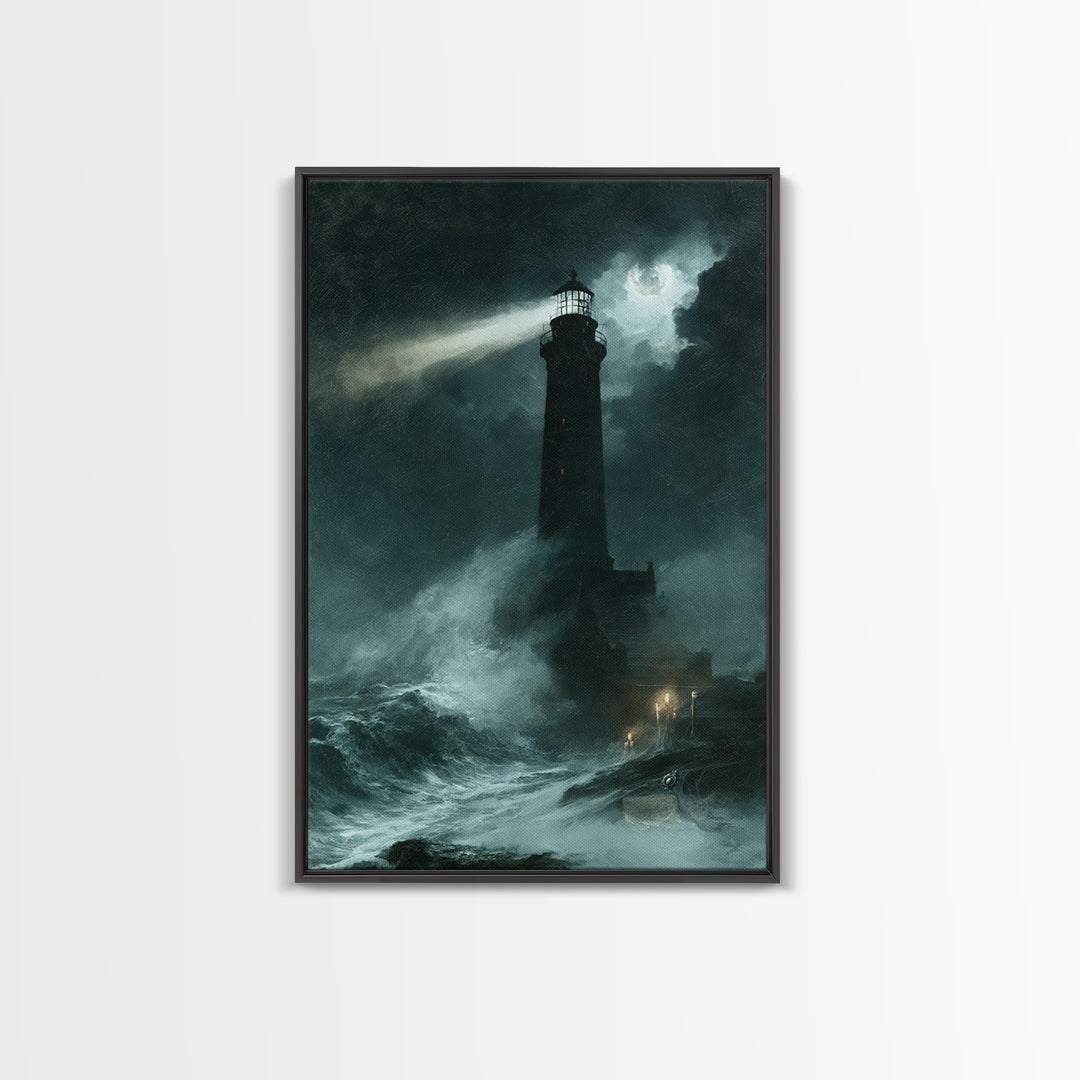 The Cursed Lighthouse, Macabre Victorian Decor, Vertical Wall Art, Framed Canvas Print, Gothic Wall Decor, Halloween Portrait Art