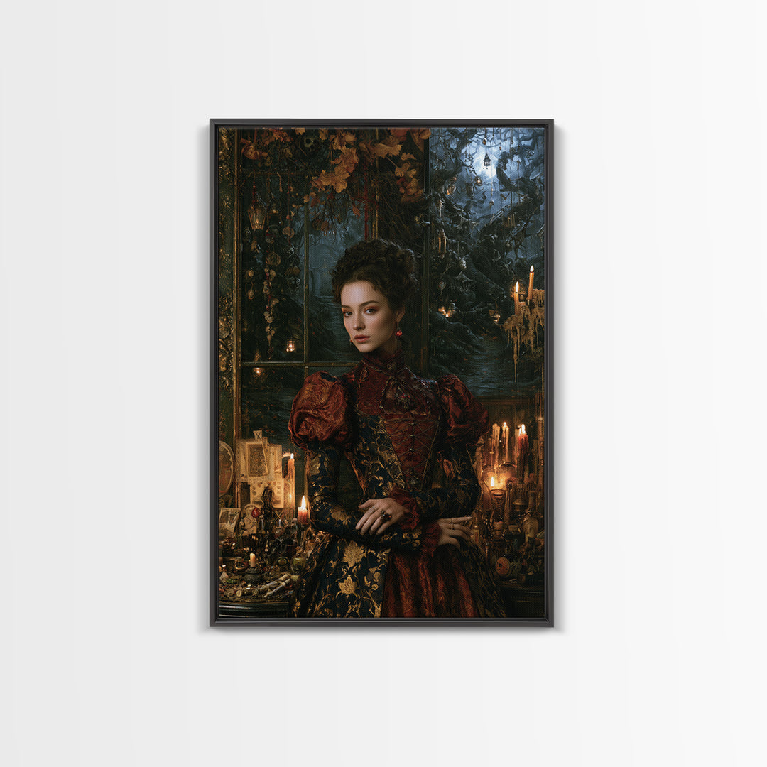 The Witch'S Forest, Antique Gothic Portrait, Vertical Wall Art, Framed Canvas Print, Gothic Wall Decor, Halloween Portrait Art