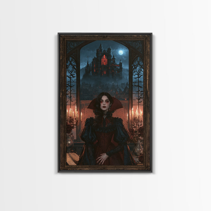 The Vampire Castle, Victorian Horror Portrait, Vertical Wall Art, Framed Canvas Print, Gothic Wall Decor, Halloween Portrait Art