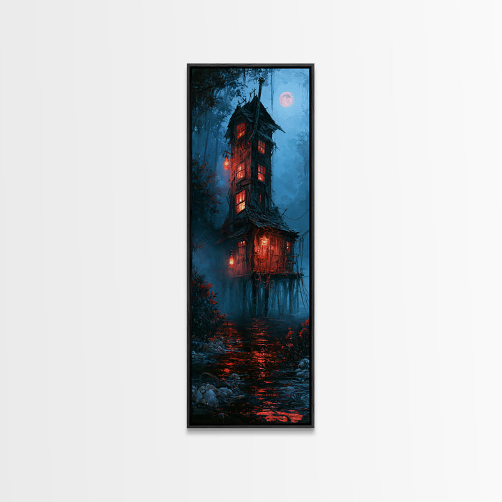 The Foggy Swamp Shack, Antique Gothic Portrait, Tall Narrow Wall Art, Framed Canvas Print, Gothic Wall Decor, Halloween Portrait Art