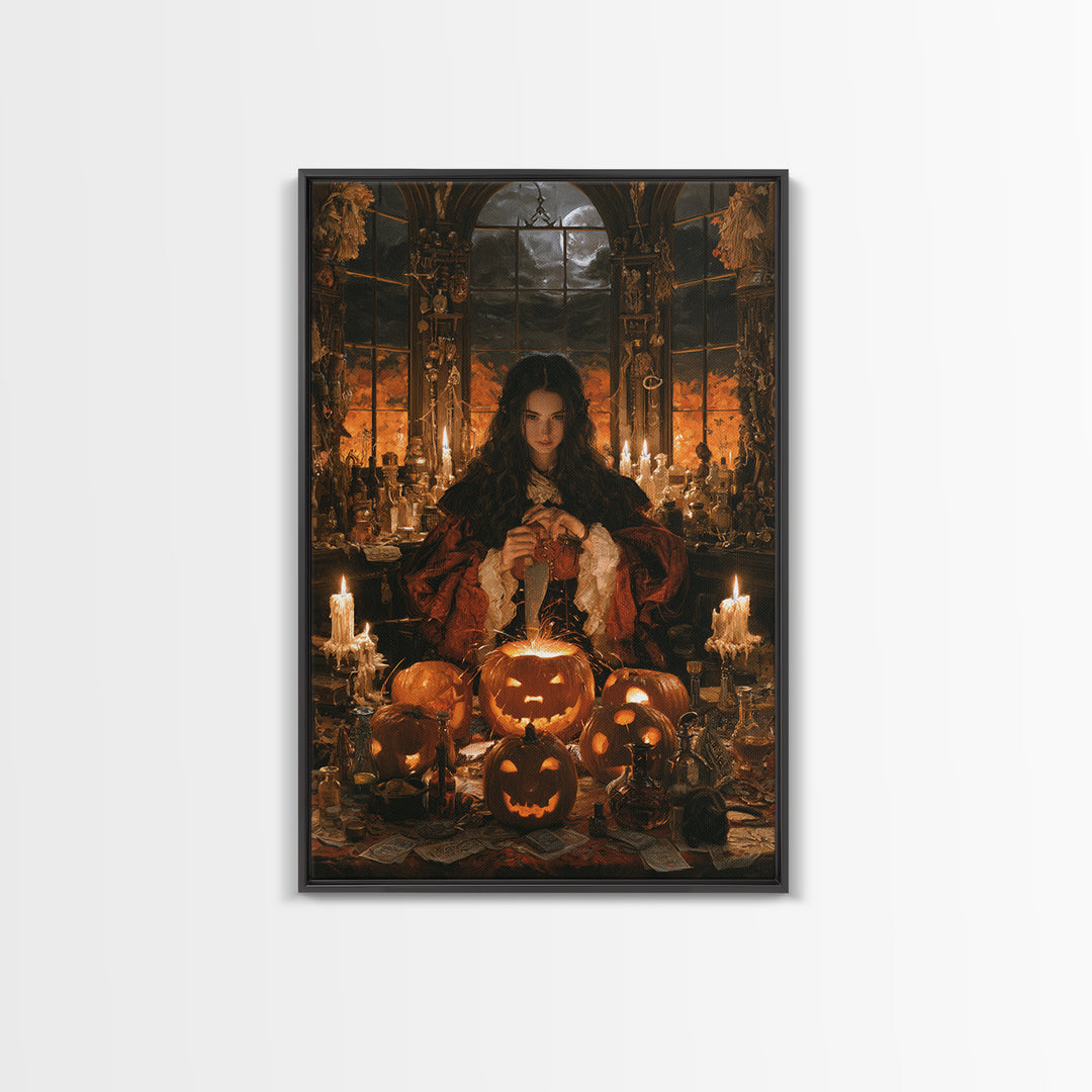 The Pumpkin-Carving Ritual, Victorian Gothic Art, Vertical Wall Art, Canvas Print, Gothic Wall Decor, Halloween Portrait Art