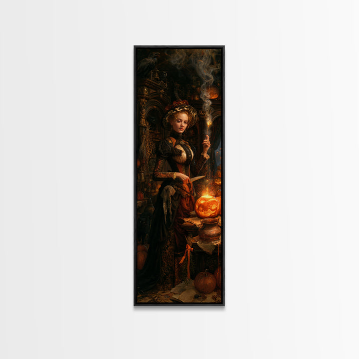 The Pumpkin-Carving Ritual, Victorian Horror Portrait, Tall Narrow Wall Art, Framed Canvas Print, Gothic Wall Decor, Halloween Portrait Art