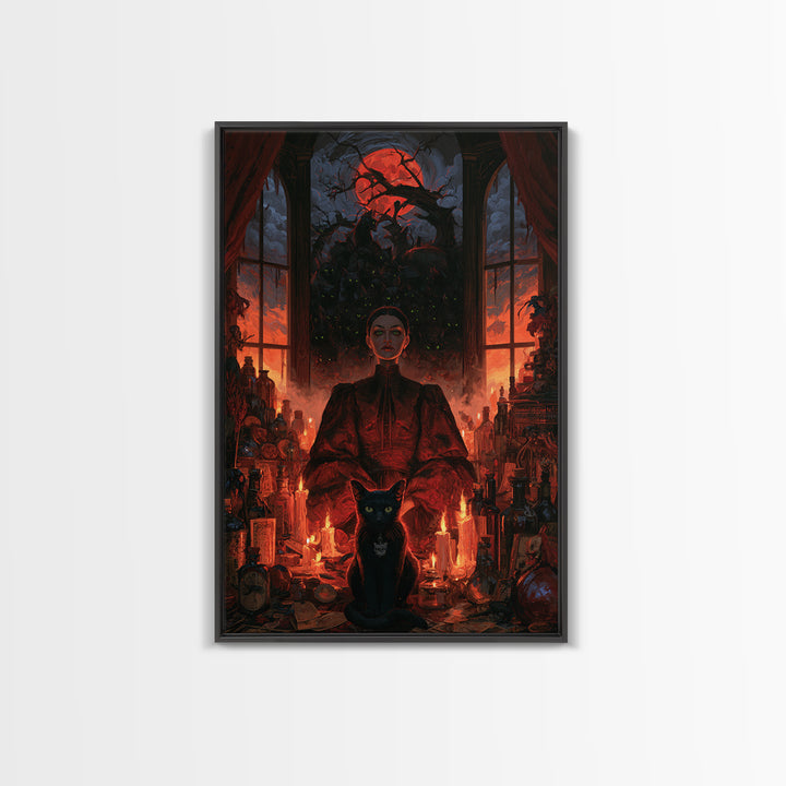 The Black Cat Gathering, Macabre Victorian Decor, Vertical Wall Art, Framed Canvas Print, Gothic Wall Decor, Halloween Portrait Art