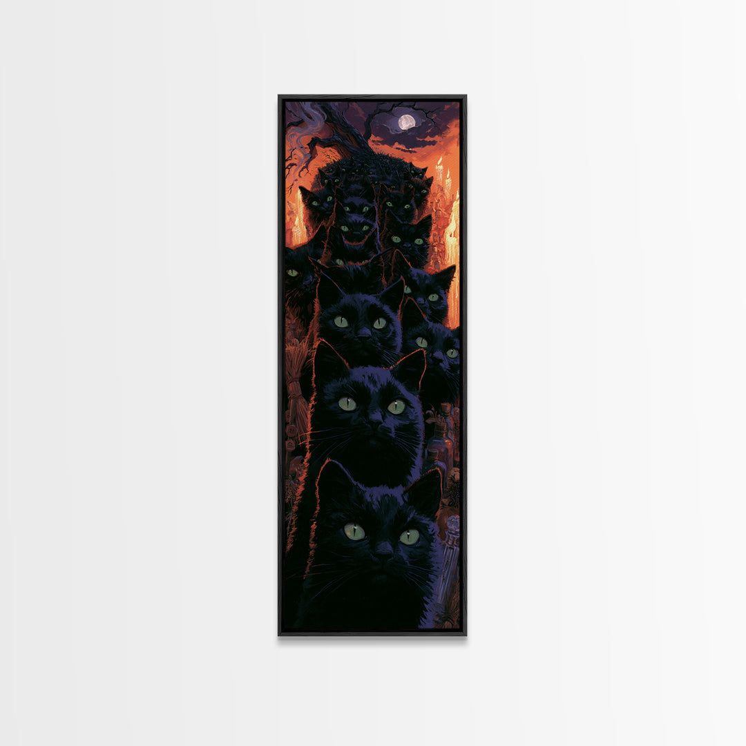 The Black Cat Gathering, Macabre Victorian Decor, Tall Narrow Wall Art, Framed Canvas Print, Gothic Wall Decor, Halloween Portrait Art