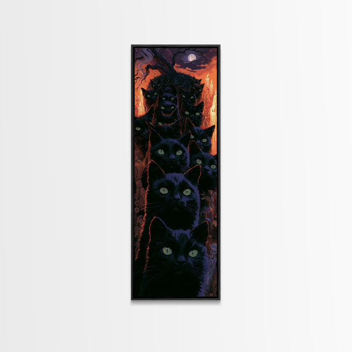 The Black Cat Gathering, Macabre Victorian Decor, Tall Narrow Wall Art, Framed Canvas Print, Gothic Wall Decor, Halloween Portrait Art