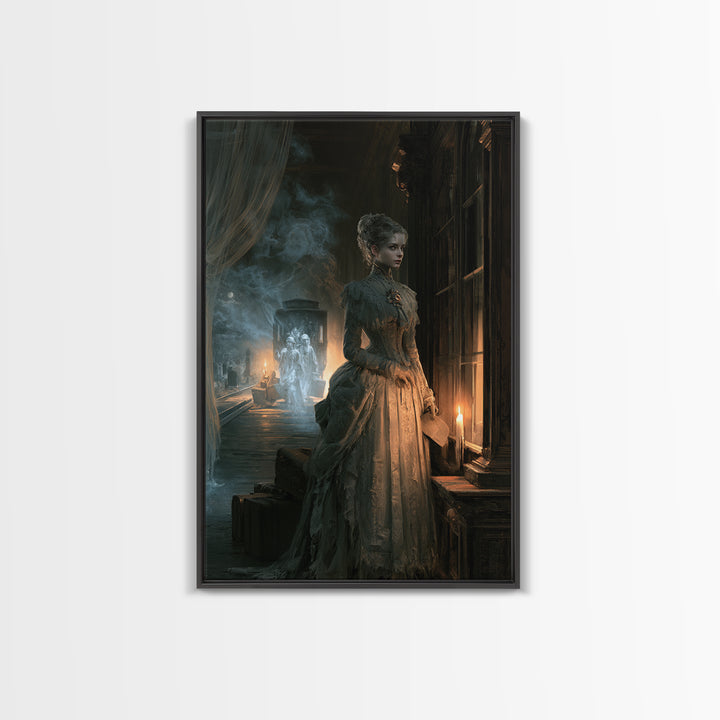The Ghost Train Arrival, Antique Gothic Portrait, Vertical Wall Art, Framed Canvas Print, Gothic Wall Decor, Halloween Portrait Art